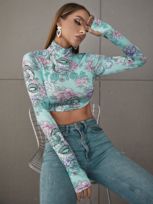 Top Cuello Alto Ajustado Estampado Corto para Mujer - Image 6