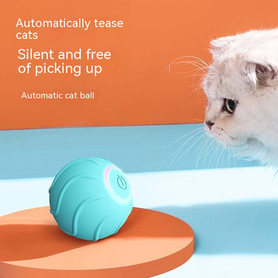 Red smart cat toy rolling ball with textured surface and glowing power button, designed for interactive play. - Image 3