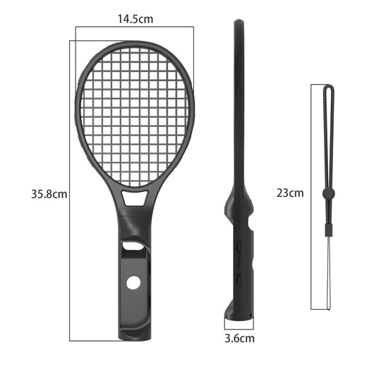 Two black tennis racket controllers for Nintendo Switch, one with a blue Joy-Con and one with a red Joy-Con, both with wrist straps. - Image 3