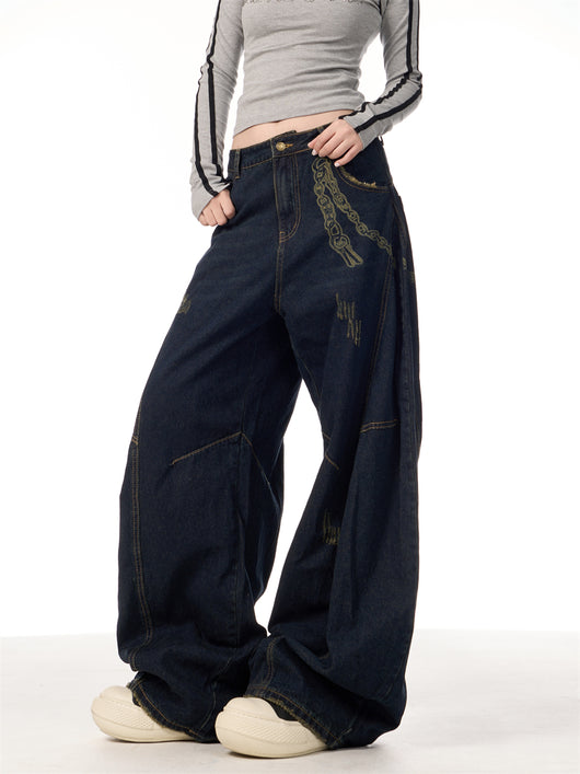 Overol Denim Retro Patchwork de Pierna Ancha para Mujer - Image 21