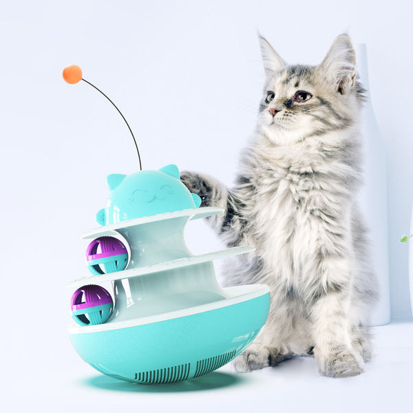 A playful kitten stands on its hind legs, batting at a dangling toy attached to a green and white multi-level cat track toy with rolling balls.