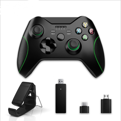 Black wired USB game controller with green accents, two joysticks, and ABXY buttons, shown with USB, USB-C, and micro-USB adapters. - Image 8