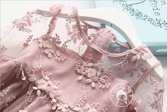 Vestido Infantil Princesa Coreano con Encaje y Mangas Trompeta - Image 2