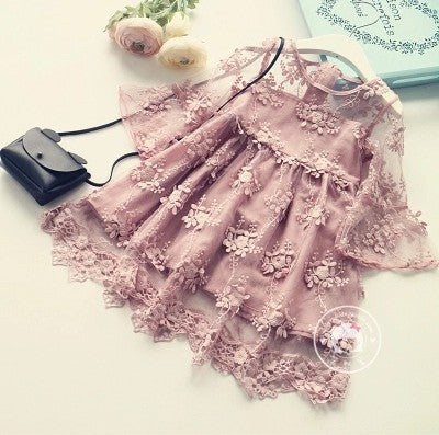 Vestido Infantil Princesa Coreano con Encaje y Mangas Trompeta