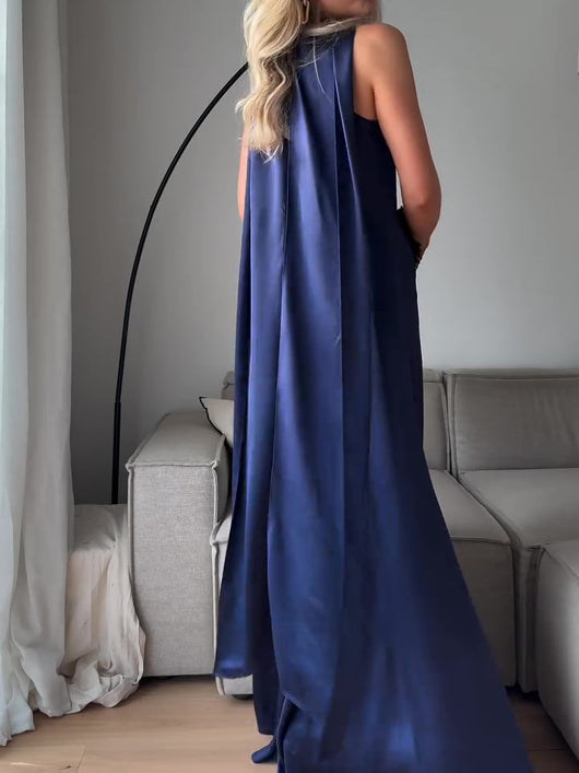 Vestido Largo de Satén Azul Royal sin Mangas - Image 4