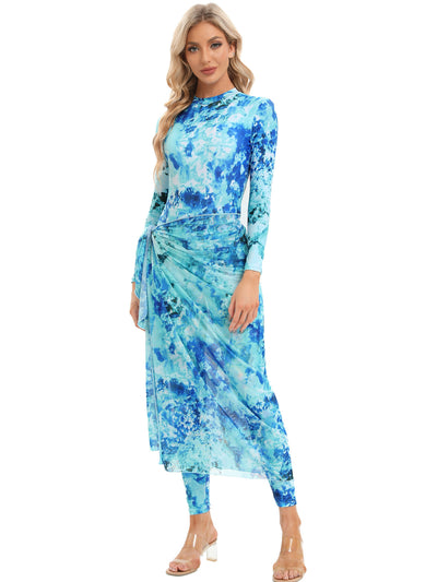 Blue tie-dye conservative beach swimsuit with long sleeves, full-length leggings, and a sheer sarong-style skirt. - Image 18