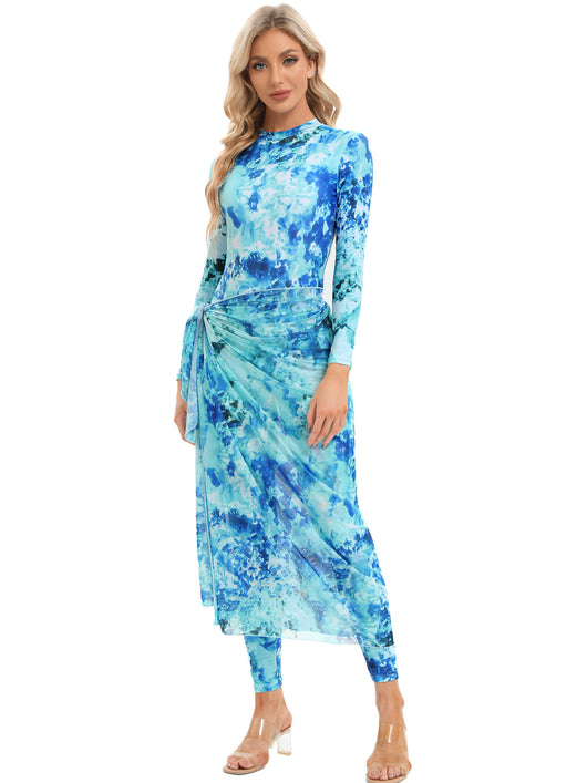 Blue tie-dye conservative beach swimsuit with long sleeves, full-length leggings, and a sheer sarong-style skirt. - Image 18