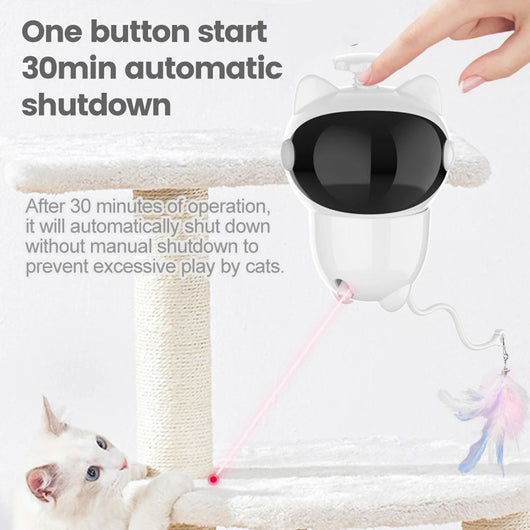 White cat-shaped intelligent laser toy with a black visor and a colorful feather wand attachment for pets. - Image 16