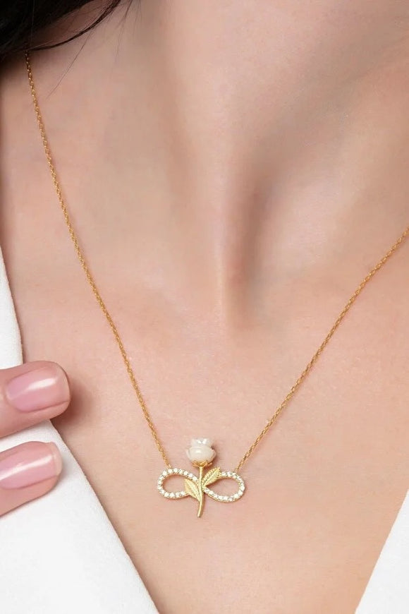 Collar Infinito Rosa Blanca Plata 925 Chapada en Oro con Circonita