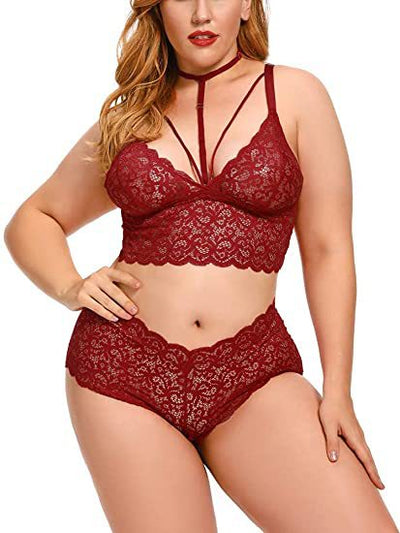 Plus size model wearing a red lace longline bralette with a choker and matching high-waisted briefs. - Image 6