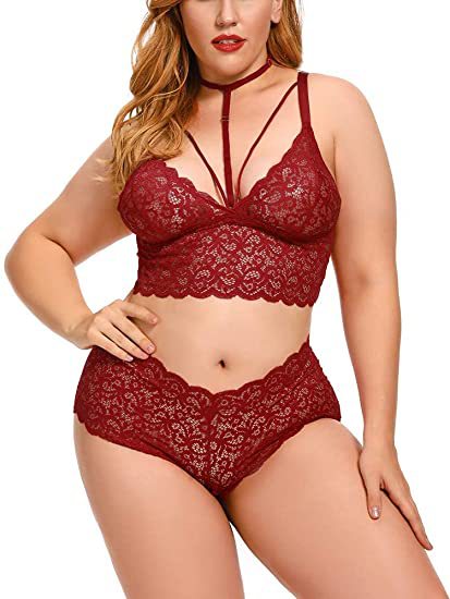 Plus size model wearing a red lace longline bralette with a choker and matching high-waisted briefs. - Image 6