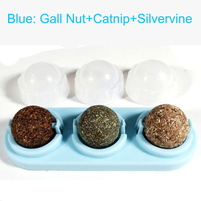 Two self-adhesive rotated catnip lick balls, each in a light blue holder, for cat entertainment. - Image 3