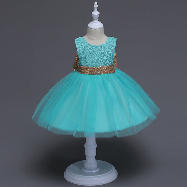 Vestido Princesa Niña con Lentejuelas y Moño Grande - Encaje sin Mangas