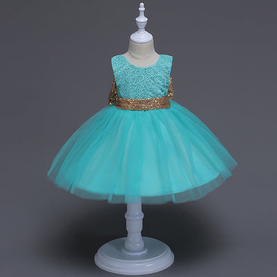 Vestido Princesa Niña con Lentejuelas y Moño Grande - Encaje sin Mangas