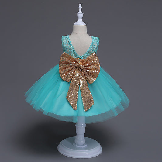 Vestido Princesa Niña con Lentejuelas y Moño Grande - Encaje sin Mangas - Image 2