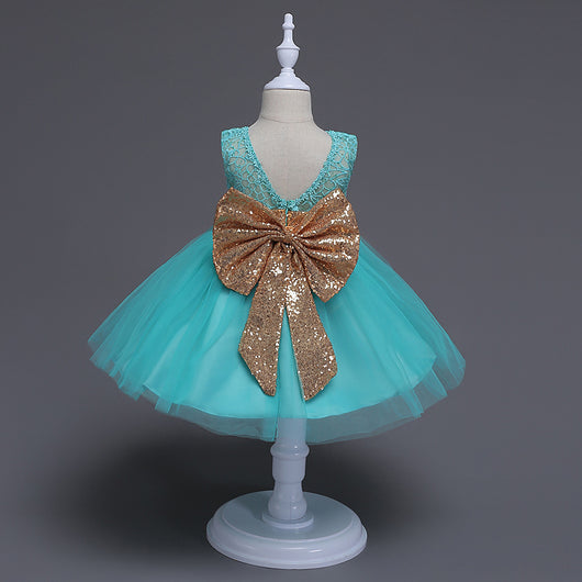 Vestido Princesa Niña con Lentejuelas y Moño Grande - Encaje sin Mangas - Image 2