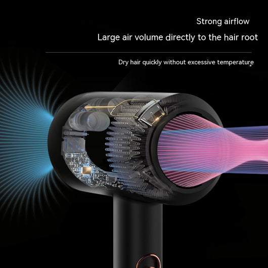 Dark gray high-power anion hair dryer with rose gold accents, two concentrator nozzles, and a diffuser. - Image 4