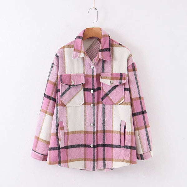 Chaqueta Camisa de Lana a Cuadros con Solapa para Mujer
