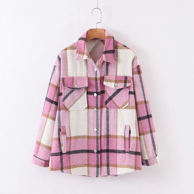 Chaqueta Camisa de Lana a Cuadros con Solapa para Mujer