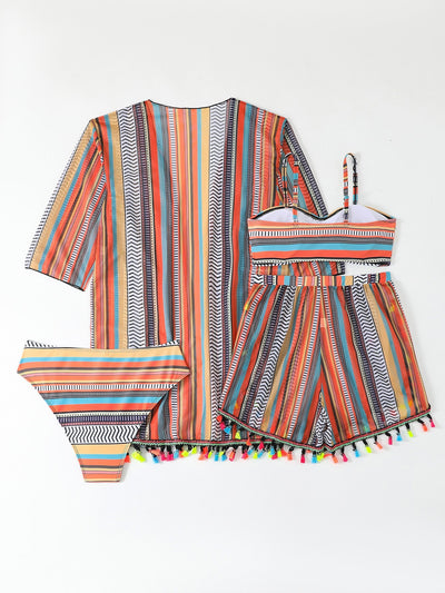 Four-piece swimsuit set with a colorful striped bikini, tassel shorts, and a matching kimono cover-up. - Image 17