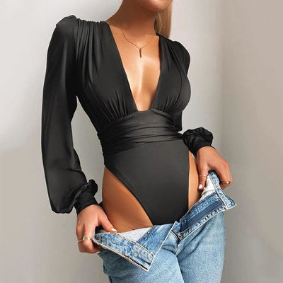 Body Ajustado Elegante con Escote en V y Mangas Largas
