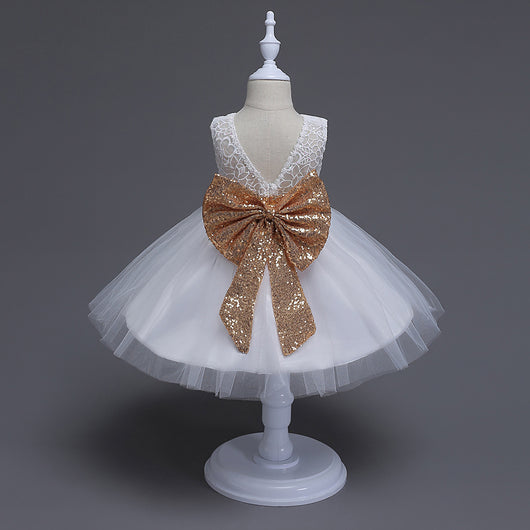 Vestido Princesa Niña con Lentejuelas y Moño Grande - Encaje sin Mangas - Image 4