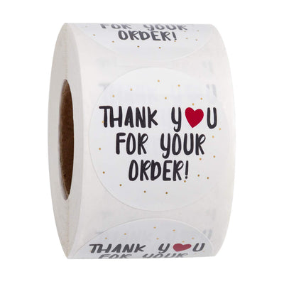 Roll of white round thank you stickers with black text, a red heart, and gold dots for orders. - Image 6