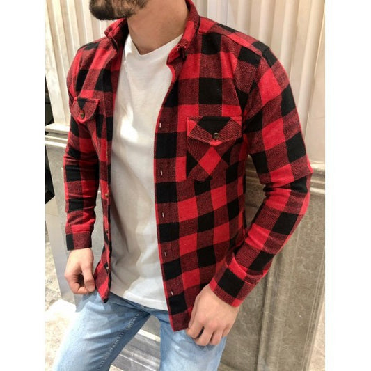 Camisa a Cuadros con Bolsillo y Solapa para Hombre - Manga Larga Otoño