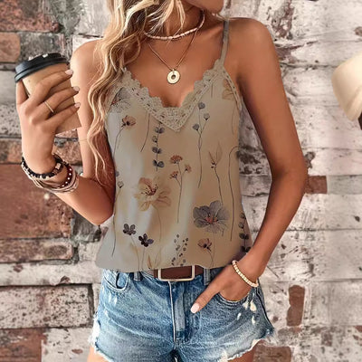 Blusa de Encaje Escote V Europeo Estilo Casual con Tirantes