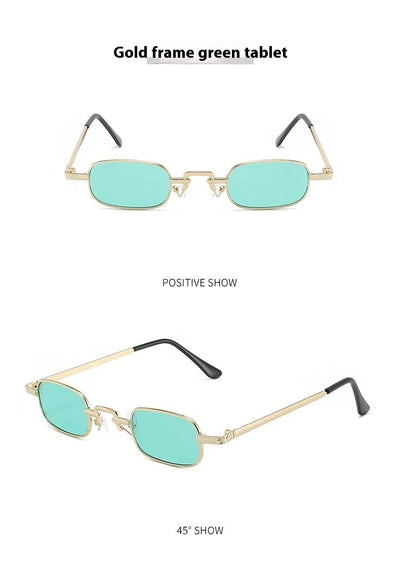 Trendy rectangular sunglasses with gold metal frames and brown lenses, shown from front and a 45-degree angle. - Image 9