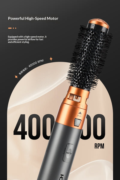 5-in-1 multifunctional hair styler with dark gray handle and rose gold accents, including hot air comb, curling wands, and paddle brush attachments, plus a blac - Image 13