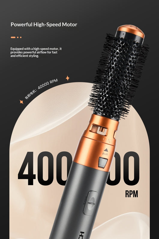5-in-1 multifunctional hair styler with dark gray handle and rose gold accents, including hot air comb, curling wands, and paddle brush attachments, plus a blac - Image 13