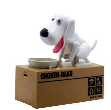 Brown robotic dog piggy bank with a red nose and pink tongue, eating a coin from a grey bowl. - Image 7