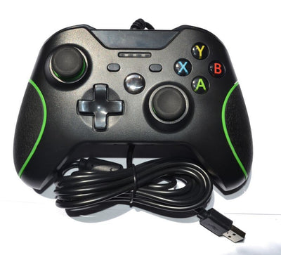 Black wired USB game controller with green accents, two joysticks, and ABXY buttons, shown with USB, USB-C, and micro-USB adapters. - Image 3