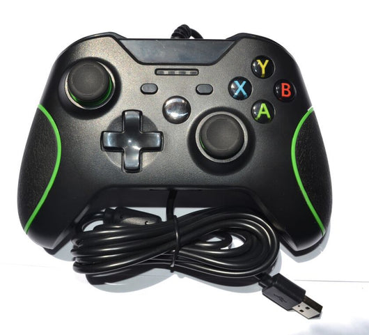 Black wired USB game controller with green accents, two joysticks, and ABXY buttons, shown with USB, USB-C, and micro-USB adapters. - Image 3