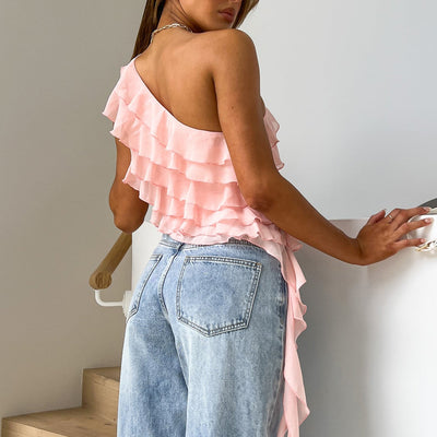 Blusa Asimétrica con Volantes en Colores Sólidos - Image 12