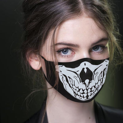 Young woman wearing a black ear hook facial mask with a white skull design, perfect for Halloween. - Image 5