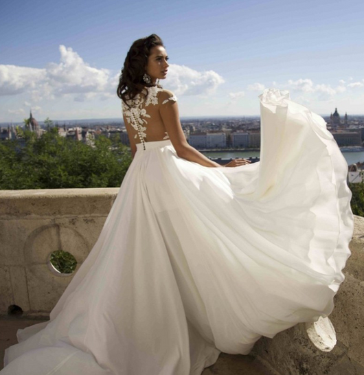 Vestido de Novia Bohemio con Apliques de Encaje, Largo Piso en Gasa Elegante - Image 3