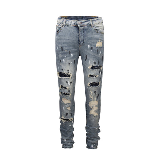 Pantalones Vaqueros Rotos con Detalles de Pintura y Tachuelas - Image 2
