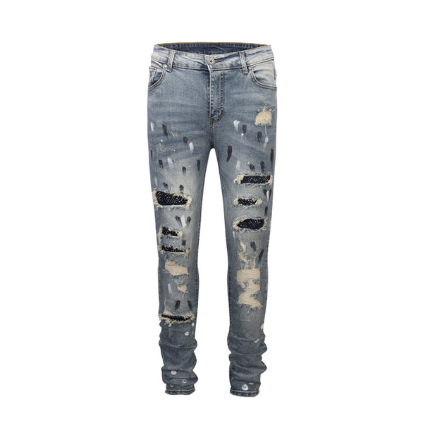 Pantalones Vaqueros Rotos con Detalles de Pintura y Tachuelas