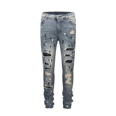 Pantalones Vaqueros Rotos con Detalles de Pintura y Tachuelas - Image 2