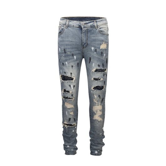 Pantalones Vaqueros Rotos con Detalles de Pintura y Tachuelas - Image 2
