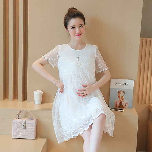 Vestido Maternal Crochet Floral Estilo Coreano - Elegancia y Comodidad para Embarazadas