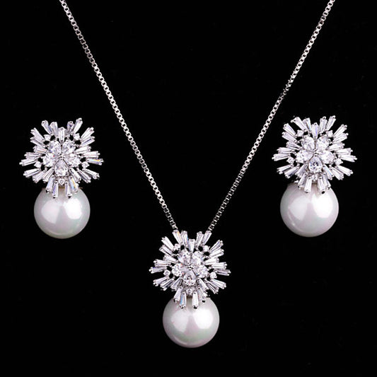 Conjunto de Collar y Aretes de Perla Lujo Coreano con Circonitas - Joyería Nupcial Versátil