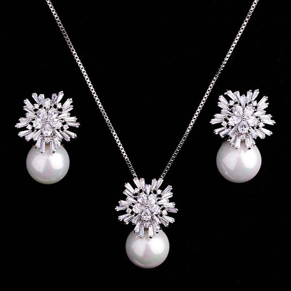 Conjunto de Collar y Aretes de Perla Lujo Coreano con Circonitas - Joyería Nupcial Versátil