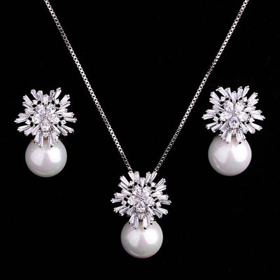 Conjunto de Collar y Aretes de Perla Lujo Coreano con Circonitas - Joyería Nupcial Versátil