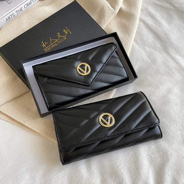 Billetera Mujer con Bordado Lingge - Diseño Elegante Dos Pliegues