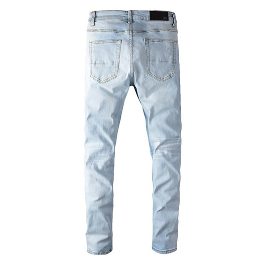 Pantalones Jeans Slim Fit Azul Claro Rotos con Parches para Hombre - Image 4