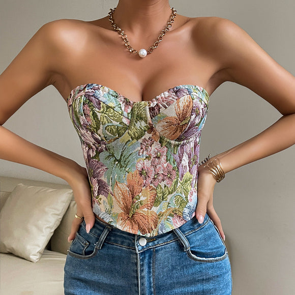 Banda Cintura Ajustable Estilo Retro Floral - Top Tubo Versátil