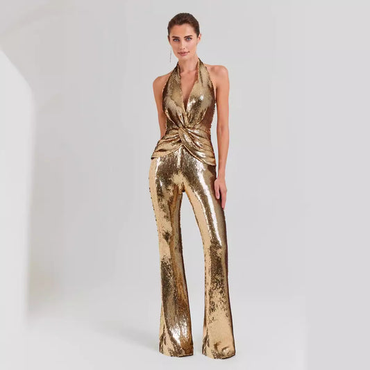 Jumpsuit Elegante sin Espalda con Lentejuelas para Mujer